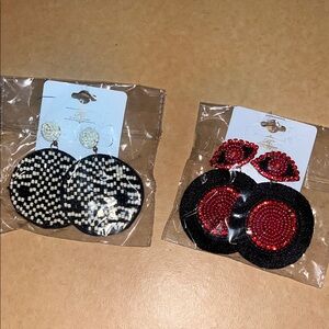 Black & Red and Black & Cream Beaded Drop Earrings - Women Jewelry. Two pairs